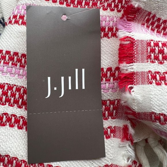 J Jill Scarf Red Blue Cream Striped Cotton Geranium Fringe 70" x 46" NEW - Picture 4 of 6